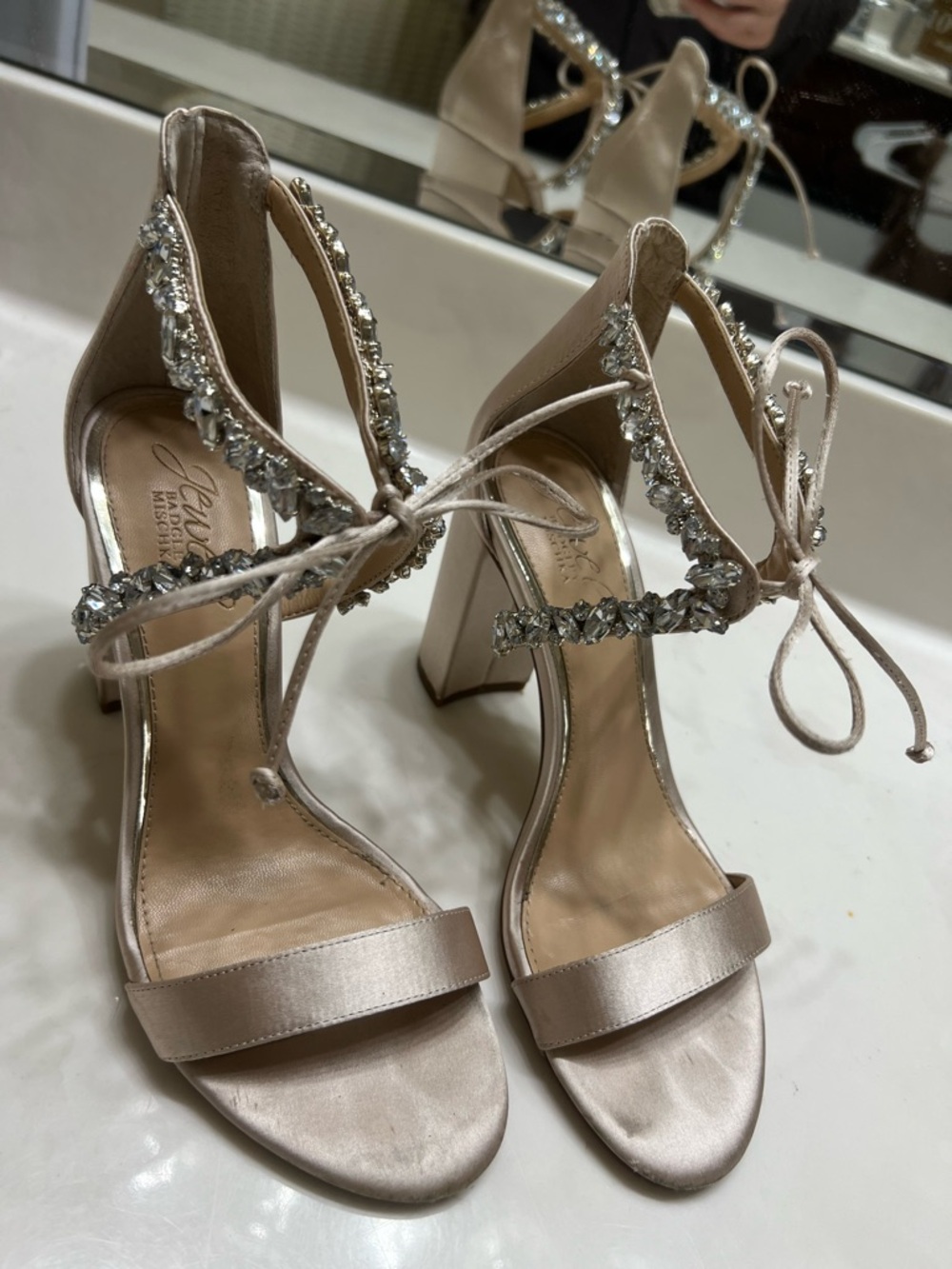 Badgley Mischka Crystal-Trim Satin Ankle-Tie Heels in Champagne